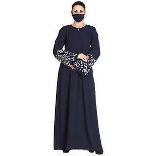 Abaya with embroidery sleeves- Navy Blue
